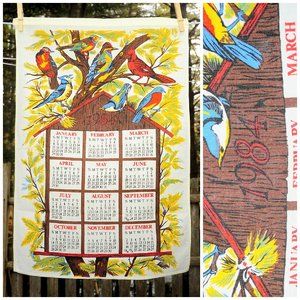 VTG 1984 Calendar Tea Towel Birdhouse & Summer Birds Cardinal Blue Jay Nuthatch